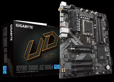Материнская плата ATX GIGABYTE B760 DS3H AX DDR4 (LGA1700, B760, 4*DDR4 (5333), 4*SATA 6G RAID, 2*M.2, 5*PCIE, Glan, WiFi, BT, HDMI, DP, USB Type-C, U