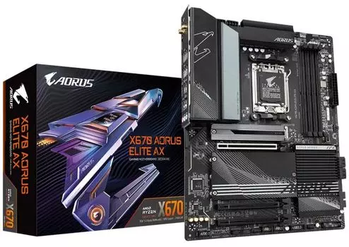 Материнская плата ATX GIGABYTE X670 AORUS ELITE AX (AM5, AMD X670, 4*DDR5(5200), 4*SATA 6G RAID, 4*M.2, 3*PCIE, 7.1CH, 2.5Glan, WiFi, BT, HDMI, USB Ty