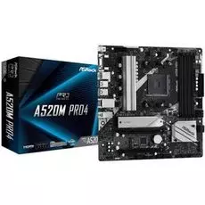 Материнская плата mATX ASRock A520M PRO4 (AM4, AMD A520, 4*DDR4(4733), 4*SATA 6G RAD, 2*M.2, 2*PCIE, 7.1CH, Glan, 9*USB 3.2/USB Type-C, D-Sub/HDMI/DP)