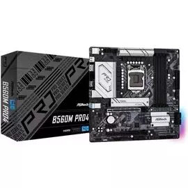 Материнская плата mATX ASRock B560M PRO4 (LGA1200, B560, 4*DDR4(4800), 6*SATA 6G, 2*M.2, 3*PCIE, 7.1CH, Glan, HDMI, DP, 6*USB 3.2/2*USB Type-C)