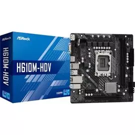 Материнская плата mATX ASRock H610M-HDV (LGA1700, H610, 2*DDR4(3200), 4*SATA 6G, 2*PCIE, 7.1CH, Glan, D-sub, HDMI, DP, 2*USB 3.2)