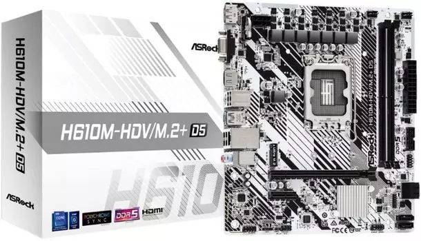 Материнская плата mATX ASRock H610M-HDV/M.2+ D5 (LGA1700, H610, 2*DDR5 (5600), 4*SATA 6G, M.2, 2*PCIE, Glan, D-Sub, HDMI, DP, USB Type-C, USB 3.2, 4*U
