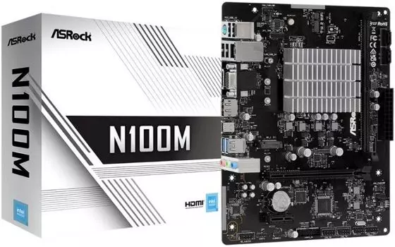 Материнская плата mATX ASRock N100M (N100, DDR4 (3200), 2*SATA 6G, M.2, 2*PCIE, Glan, D-Sub, HDMI, DP, USB Type-C, 2*USB 3.2, 4*USB 2.0)