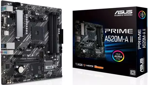Материнская плата mATX ASUS PRIME A520M-A II (AM4, AMD A520, 4*DDR4(4866), 4*SATA 6G RAID, M.2, 3*PCIE, 7.1CH, Glan, 5*USB 3.2, HDMI, DP, D-Sub)