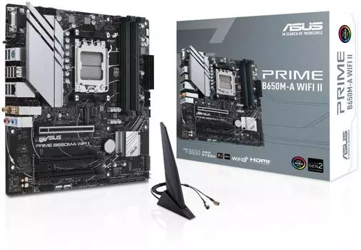 Материнская плата mATX ASUS PRIME B650M-A WIFI II 90MB1EG0-M0EAY0 (AM5, AMD B650, 4*DDR5 (6400), 4*SATA 6G RAID, 2*M.2, 3*PCIE, 2.5Glan, WiFi, BT, HDM