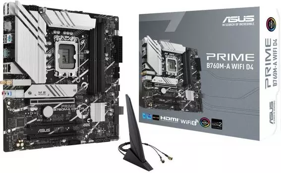 Материнская плата mATX ASUS PRIME B760M-A WIFI D4 (LGA1700, B760, 4*DDR4(4800), 4*SATA RAID, M.2, 3*PCIe, 4*USB 2.0, 2*USB 3.2, BT/WiFi, 2*HDMI/DP, au