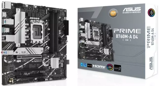 Материнская плата mATX ASUS PRIME B760M-A D4-CSM (LGA1700, B760, 4*DDR4 (5333), 4*SATA 6G RAID, 2*M.2, 3*PCIE, 2.5Glan, HDMI, DP, 2*USB 3.2, 4*USB 2.0