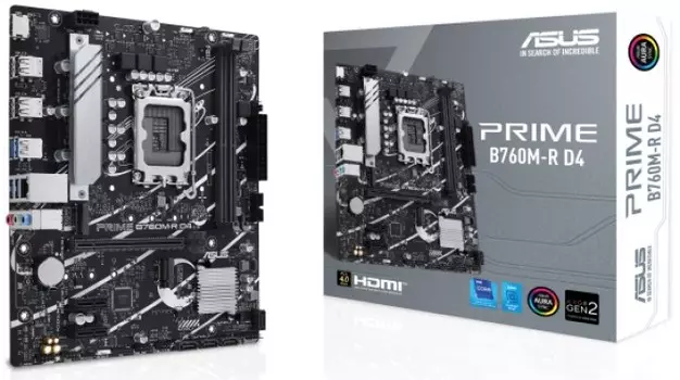 Материнская плата mATX ASUS PRIME B760M-R D4 90MB1HA0-M0EAY0 (LGA1700, B760 2*DDR4 (5333), 4*SATA 6G RAID, 2*M.2, 3*PCIE, 2.5Glan, HDMI, 4*USB 3.2, 4