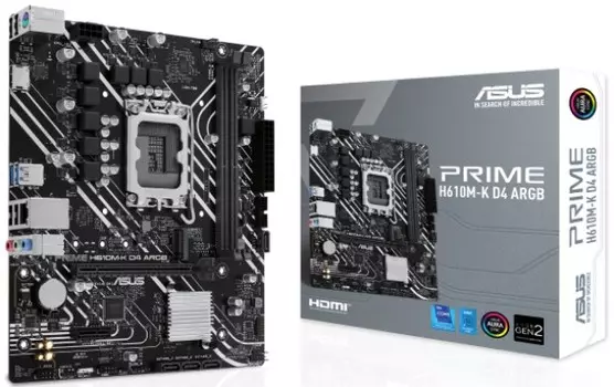 Материнская плата mATX ASUS PRIME H610M-K D4 ARGB 90MB1HN0-M0EAY0 (LGA1700, H610, 2*DDR4 (3200), PCIe, M.2, 4*SATA, 2*USB 3.2, 4*USB 2.0, HDMI, VGA)