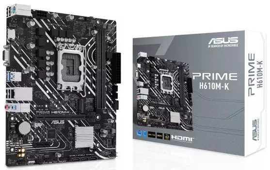 Материнская плата mATX ASUS PRIME H610M-K (LGA1700, H610, 2*DDR5 (5600), 4*SATA 6G, M.2, 2*PCIE, Glan, VGA, HDMI, 2*USB 3.2, 4*USB 2.0)