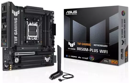 Материнская плата mATX ASUS TUF GAMING B850M-PLUS WIFI (AM5, AMD B850, 4*DDR5, 4*SATA, 3*M.2, WiFi, BT, 7*USB 3.2, 4*USB 2.0, USB Type-C, 2*PCIe, DP,
