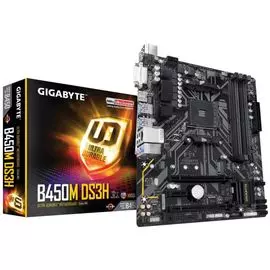 Материнская плата mATX GIGABYTE B450M DS3H (УЦЕНЕННЫЙ) (AM4,AMD B450,4*DDR4(3200),4*SATA 6G RAID,M.2,3*PCI-E,7.1CH,GLan,4*USB 3.1,DVI/HDMI) RTL, Б/У,