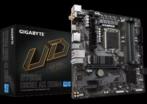 Материнская плата mATX GIGABYTE B760M DS3H AX DDR4 (LGA1700, B760, 4*DDR4 (5333), 4*SATA 6G RAID, 2*M.2, 3*PCIE, 2.5Glan, WiFi, BT, HDMI, 2*DP, USB Ty