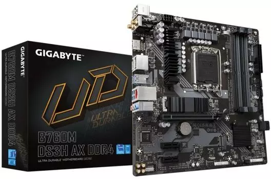 Материнская плата mATX GIGABYTE B760M DS3H AX DDR4 (LGA1700, B760, 4*DDR4 (5333), 4*SATA 6G RAID, 2*M.2, 3*PCIE, 2.5Glan, WiFi, BT, HDMI, 2*DP, USB Ty