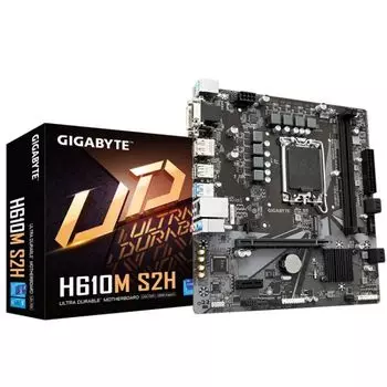Материнская плата mATX GIGABYTE H610M S2H (LGA1700, H610, 2*DDR5(5600), 4*SATA 6 Гб/с, M2, Audio, Gb LAN, USB 3.2, USB 2.0, DP, D-Sub, DVI, HDMI, COM*
