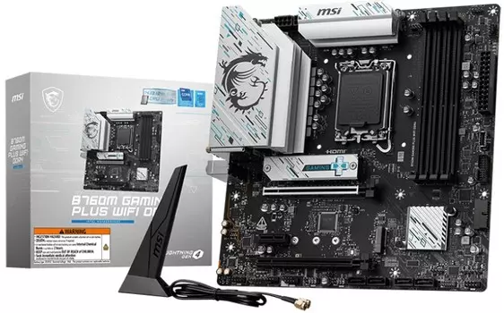 Материнская плата mATX MSI B760M GAMING PLUS WIFI DDR4 (LGA1700, Intel B760, 4*DDR4 (5333), 4*SATA 6G RAID, 2*M.2, 3*PCIe, 2,5Glan, WiFi, BT, 2*HDMI,