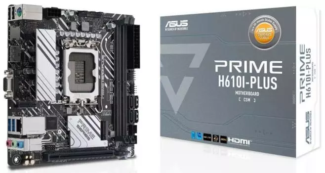 Материнская плата mini-ITX ASUS PRIME H610I-PLUS-CSM (LGA1700, H610, 2*DDR5 (5600), 4*SATA 6G, M.2, PCIE, Glan, VGA, HDMI, DP, 2*USB 3.2, 2*USB 2.0)