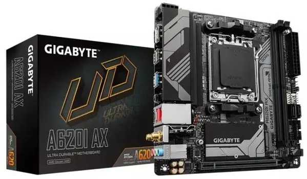 Материнская плата mini-ITX GIGABYTE A620I AX (AM5, AMD A620, 2*DDR5 (6400), 2*SATA 6G RAID, M.2, PCIE, 2.5Glan, WiFi, BT, HDMI, DP, USB Type-C, 2*USB