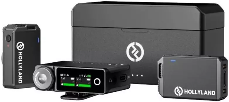 Микрофонная система Hollyland LarkMAX_DUO двухканальная, диапазон 2,4 ГГц, передатчики со встроеным микрофоном с возможностью подключения петличики, 2