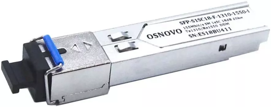 Модуль SFP OSNOVO SFP-S1SC18-F-1310-1550-I Single Mode, до 155 мбит/c, SC, оптический бюджет 18дБ, передача до 20км, нм Tx1310/Rx1550