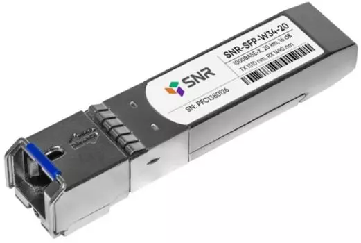 Модуль SFP SNR SNR-SFP-W34-20 WDM 1000Base-BX, разъем SC, рабочая длина волны Tx/Rx: 1310/1490нм, дальность до 20км (12dB), с поддержкой функции DDM