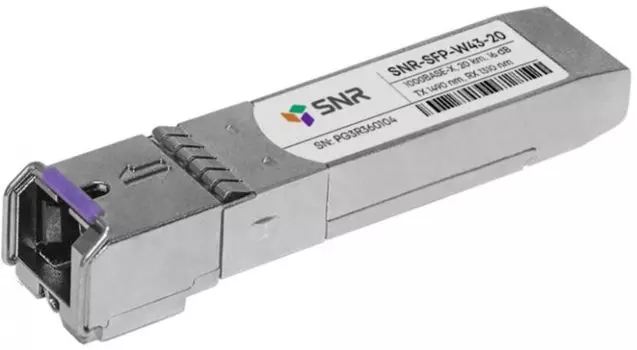 Модуль SFP SNR SNR-SFP-W43-20 WDM 1000Base-BX, разъем SC, рабочая длина волны Tx/Rx: 1490/1310нм, дальность до 20км (12dB), с поддержкой функции DDM