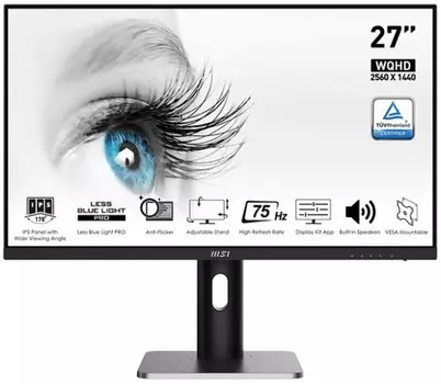 Монитор 27" MSI PRO MP273QP 16:9 WQHD, IPS Flat, 1ms(MPRT), 1000:1, 100M:1, 350nit, 178/178, 2xHDMI, DP, Tilt, Swivel, Height, Pivot, VESA, 75Hz, Blac