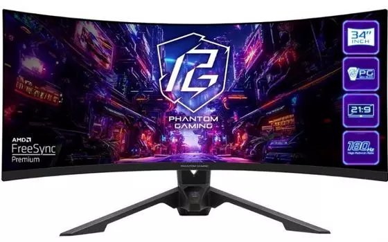 Монитор 34" ASRock Phantom Gaming PG34QRT3A 3440x1440 WLED, 21:9, VA, 500cd, 4000:1, 1ms, 178/178, 2*DP, 2*HDMI, 180Hz, Speakers, curved R1500, tilt,