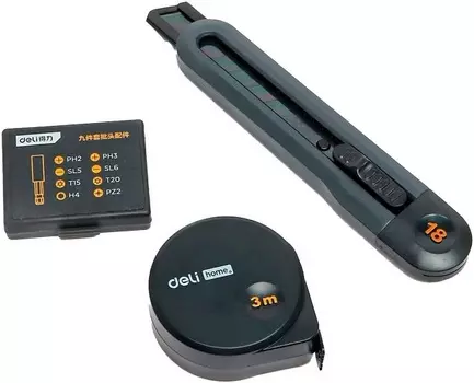 Набор Deli HT0208 ручного инструмента + шуруповерт "Home Series Black" 8 предметов