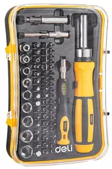 Набор отверток Deli DL3565 прецизионных и бит с держателями 65 предметов трещотка 72 зуба, пластиковый кейс