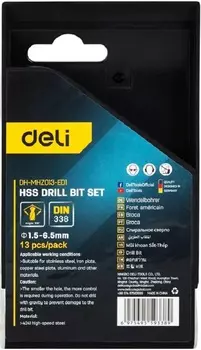 Набор сверл Deli DH-MHZ013-ED1 по металлу HSS (1,5-6,5мм, 13 шт) пластиковый кейс