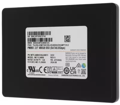 Накопитель SSD 2.5'' Samsung PM893 MZ7L3480HCHQ-00B7C 480GB, 550/520MB/s, TBW 876, MTBF 2M
