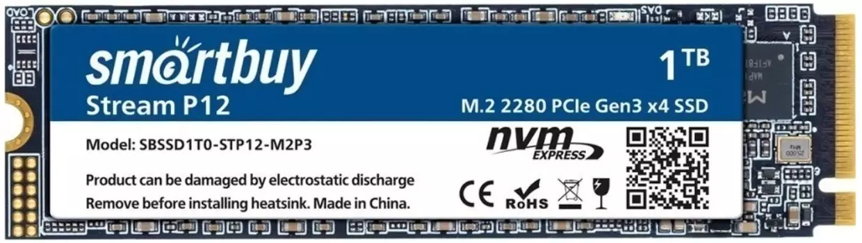 Накопитель SSD M.2 2280 SmartBuy Stream P12 SBSSD1T0-STP12-M2P3 1TB, 3500/3100MBs, 512 TBW, MTBF 1.5M