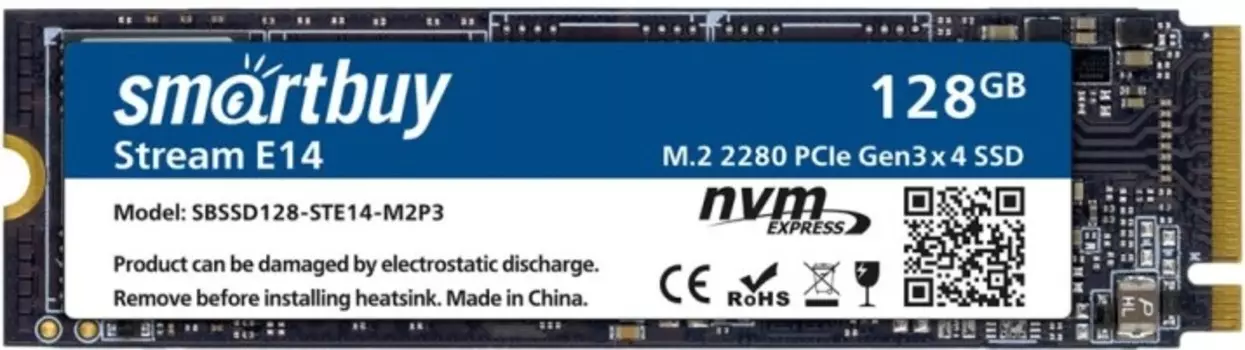 Накопитель SSD M.2 2280 SmartBuy Stream E14 SBSSD128-STE14-M2P3 128GB, 1100/1800MB/s, TBW 64