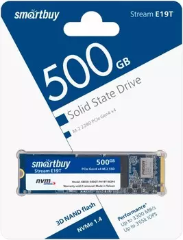 Накопитель SSD M.2 2280 SmartBuy Stream E19T SBSSD-500GT-PH19T-M2P4 500GB, 3300/3000MB/s, TBW 200, MTBF 1.5M