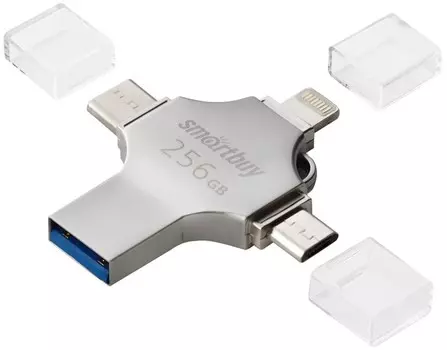 Накопитель USB 3.0 128GB SmartBuy SB256GBMC15 MC15 Metal Quad 4-in-1 (Lightning + USB Type-A + USB Type-C + micro USB) серебро металл