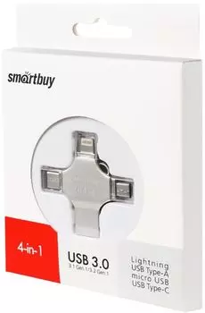 Накопитель USB 3.0 32GB SmartBuy SB064GBMC15 MC15 Metal Quad 4-in-1 (Lightning + USB Type-A + USB Type-C + micro USB) серебро металл