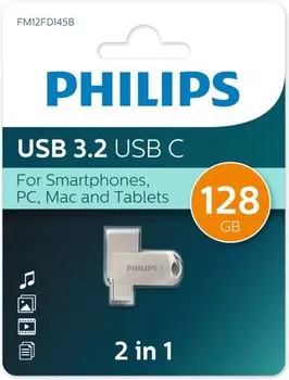 Накопитель USB 3.2 128GB Philips FM12FD145B/97 Type-C, OTG, USB 3.2/Type-C, Металл, 100 MB/s