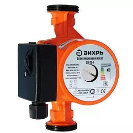 Насос циркуляционный Вихрь ЦН-25-4 68/7/1 50 Гц, класс температур/изоляции TF110/F, напор 2/3/4 м, макс. поток 50 л/мин, мощность 36/53/72 Вт