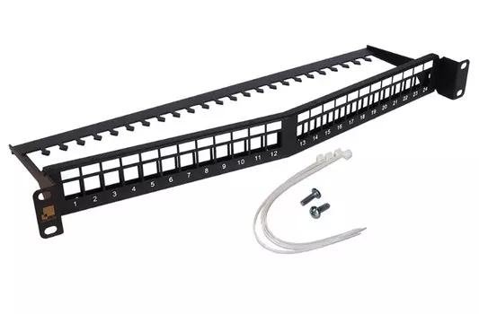 Патч-панель Lanmaster LAN-PPAR24OK-UTP наборная 19" угловая заглубленная, неэкранированная, 24 порта, 1U
