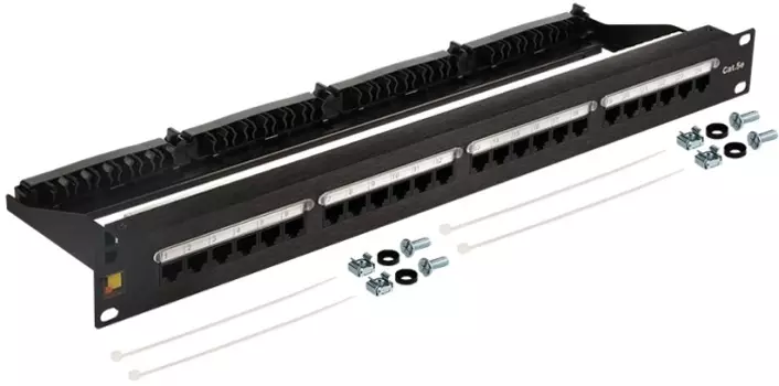 Патч-панель Lanmaster LAN-PPN24U5E 19", 24 порта RJ45, неэкранированная, кат.5E, 1U, с задним органайзером с фиксаторами кабеля