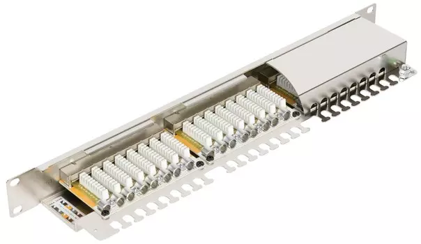 Патч-панель NIKOMAX NMC-RP24SE2-FT-AN-1U-MT 19", 1U, наборная, экранированная, металлик, 24 угловых модуля типа Keystone, Кат. 6 (Класс E), 250 МГц, R