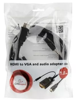 Переходник Cablexpert A-HDMI-VGA-03-5M кабель HDMI-VGA, 19M/15M + 3.5Jack, 5м, черный, позол.разъемы, пакет