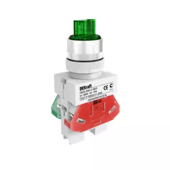 Переключатель DEKraft 25074DEK ПЕ-22 на 3 фикс. положения I-O-II стандартная ручка 1НО+1НЗ ANC-3 D=22мм LED 24В AC/DC зеленый