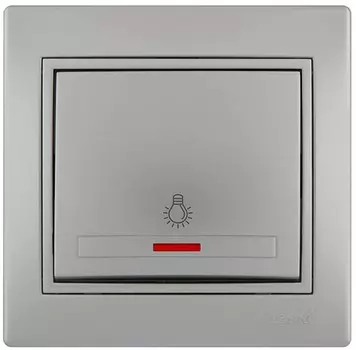 Переключатель Lezard 701-1010-114 Mira проходной 1-кл. СП 10А с подсветкой со вставкой сер. метал.