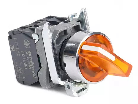 Переключатель Systeme Electric SB4BK125B5 SB4 с подсвет в сборе 22мм 2поз желт с фикс металл 24В DC 1НО+1НЗ