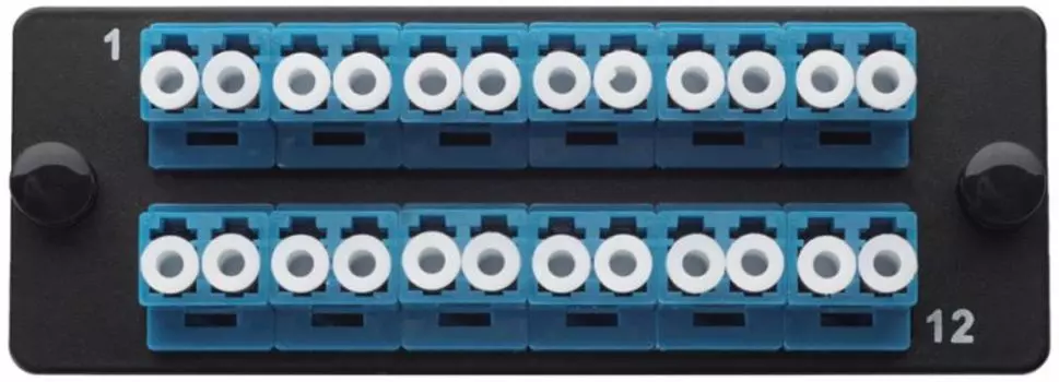 Планка Eurolan 38M-S2-2L-12BL Q-SLOT с 12 адаптерами дуплекс LC OS2, монтажные шнуры, КДЗС