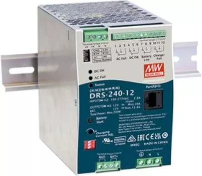 Преобразователь AC-DC сетевой Mean Well DRS-240-12 функция ИБП, Выход: 240 Вт; 12 В; Вход: 110/220В авто; Конструктив: на DIN рейку.