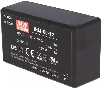 Преобразователь AC-DC сетевой Mean Well IRM-60-12 60Вт, вход 85...264В AC 47...440 Гц, выход 12В/5А, изоляция 3000В AC, в корпусе на плату 87x52x29.5м