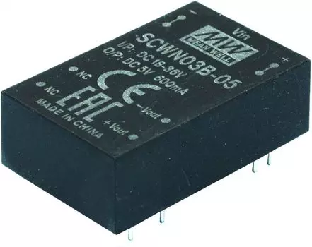 Преобразователь DC-DC модульный Mean Well SCWN03B-05 3W, Uвх=18-36V, вых 5V/600мА, DIP24, 31.8х20.3х10.2мм